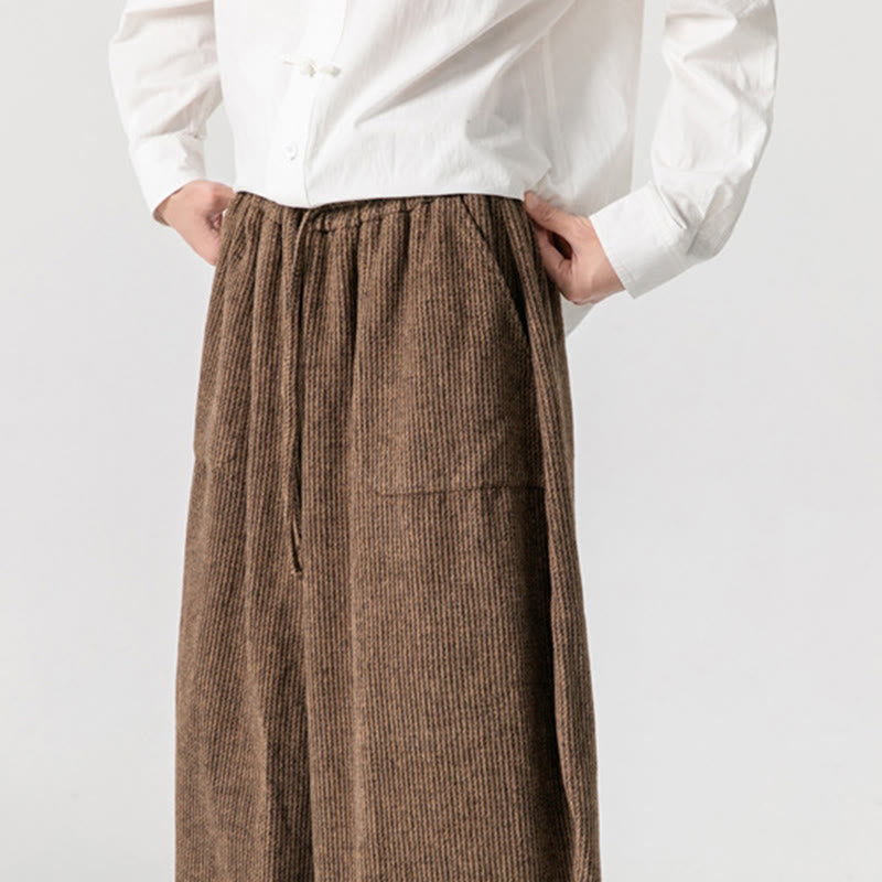 Męskie spodnie bawełniane z szerokimi nogawkami i kieszeniami, w jednolitym kolorze i ze ściągaczem, z Buddha Stones - image 21