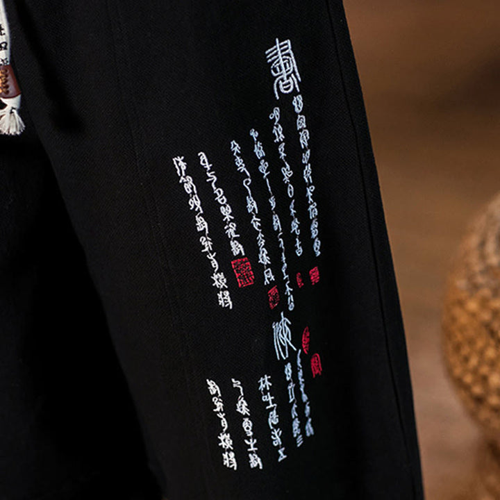 Męskie bawełniane spodnie z kieszeniami, haftowane chińskimi znakami i Buddha Stones - image 18