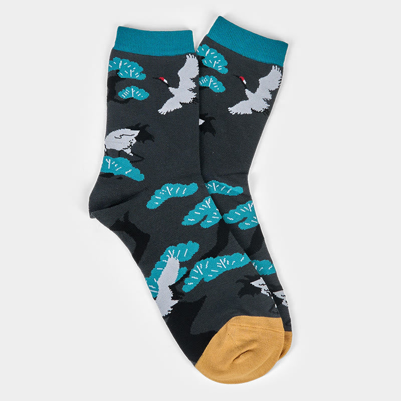 Skarpetki damskie z kolekcji Buddha Stones Casual White Crane Pine Tree Design Micro Crew - image 4