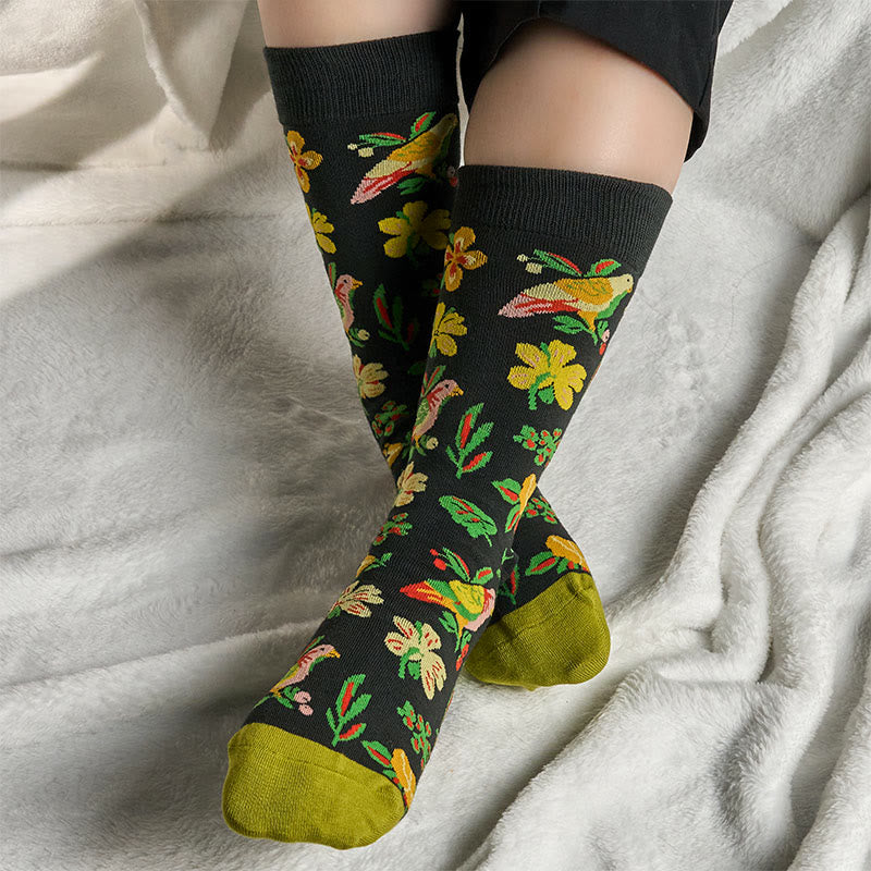 Buddha Stones Kwitnący Kwiat Ptak Wzór Mężczyźni Kobiety Unisex Bawełniane Skarpety Crew - image 2