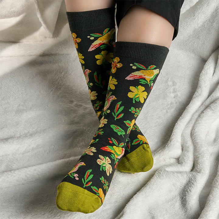 Buddha Stones Kwitnący Kwiat Ptak Wzór Mężczyźni Kobiety Unisex Bawełniane Skarpety Crew - image 2