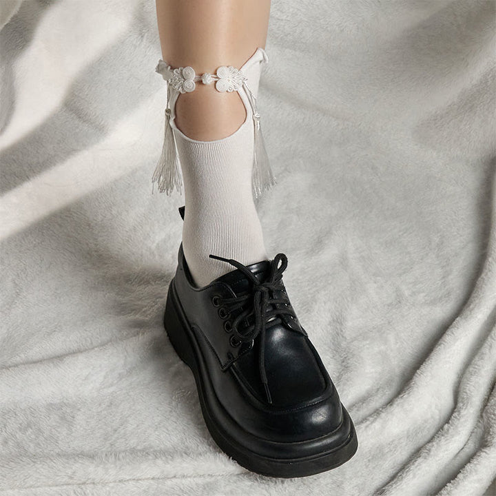 Damskie bawełniane skarpetki Micro Crew z motywem Buddha Stones w czystym kolorze z chińskimi guzikami w kształcie żaby i frędzlami - image 7