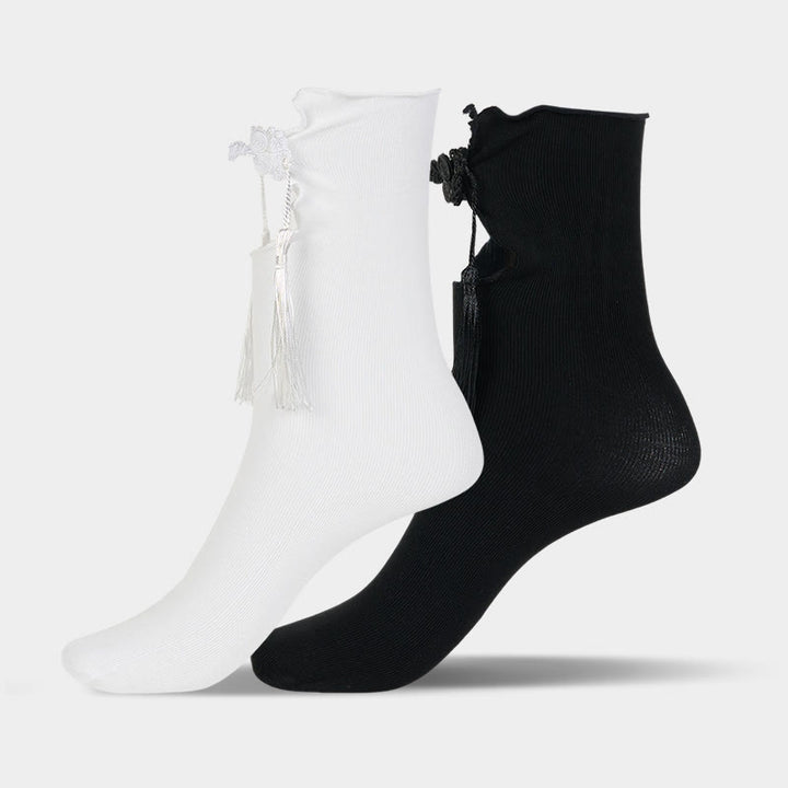 Damskie bawełniane skarpetki Micro Crew z motywem Buddha Stones w czystym kolorze z chińskimi guzikami w kształcie żaby i frędzlami - image 11