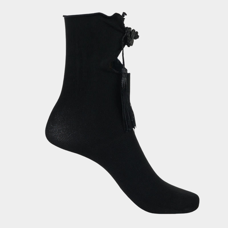 Damskie bawełniane skarpetki Micro Crew z motywem Buddha Stones w czystym kolorze z chińskimi guzikami w kształcie żaby i frędzlami - image 5