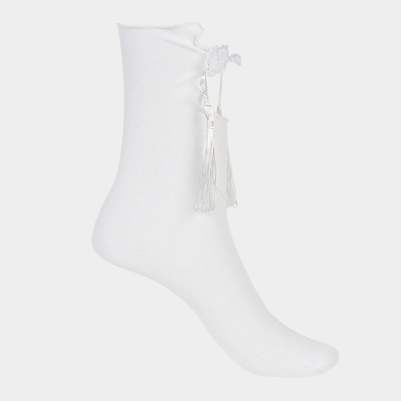 Damskie bawełniane skarpetki Micro Crew z motywem Buddha Stones w czystym kolorze z chińskimi guzikami w kształcie żaby i frędzlami - image 9