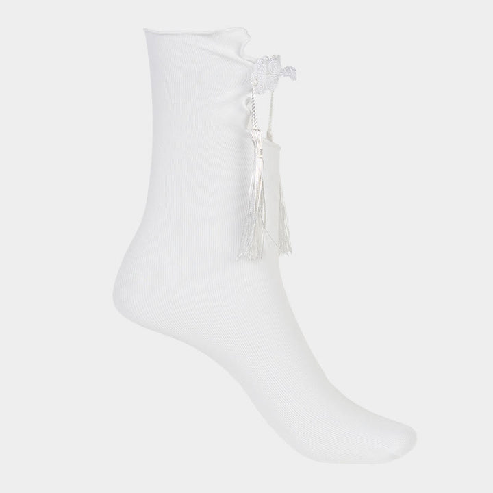 Damskie bawełniane skarpetki Micro Crew z motywem Buddha Stones w czystym kolorze z chińskimi guzikami w kształcie żaby i frędzlami - image 9