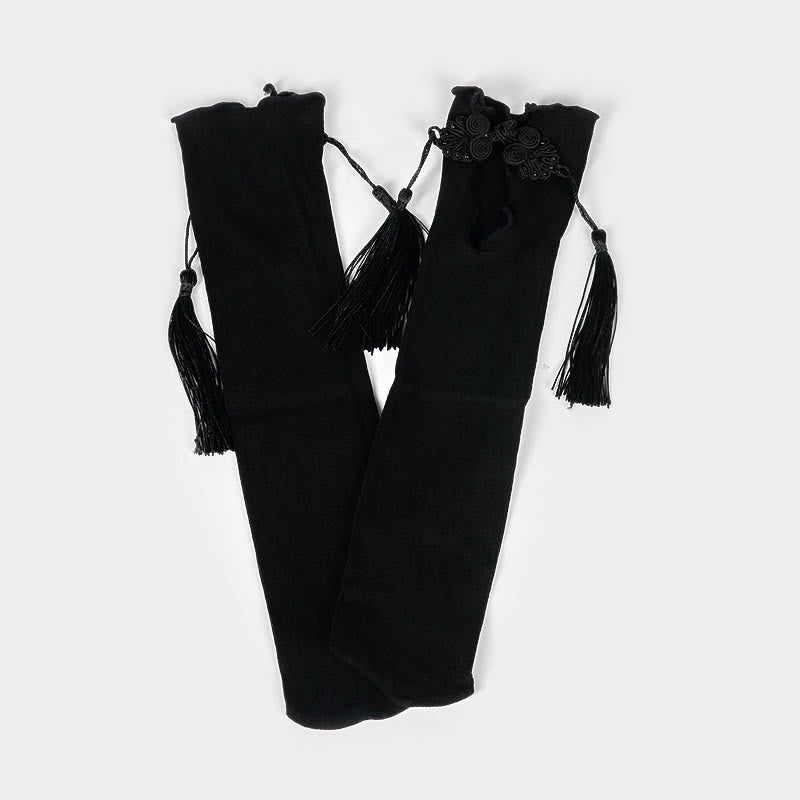 Damskie bawełniane skarpetki Micro Crew z motywem Buddha Stones w czystym kolorze z chińskimi guzikami w kształcie żaby i frędzlami - image 3