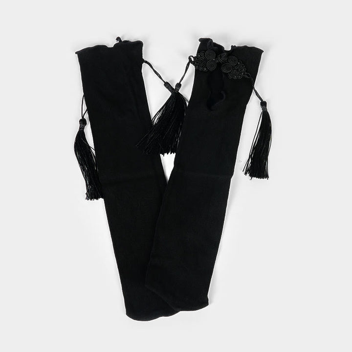 Damskie bawełniane skarpetki Micro Crew z motywem Buddha Stones w czystym kolorze z chińskimi guzikami w kształcie żaby i frędzlami - image 3