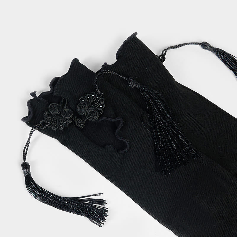 Damskie bawełniane skarpetki Micro Crew z motywem Buddha Stones w czystym kolorze z chińskimi guzikami w kształcie żaby i frędzlami - image 4