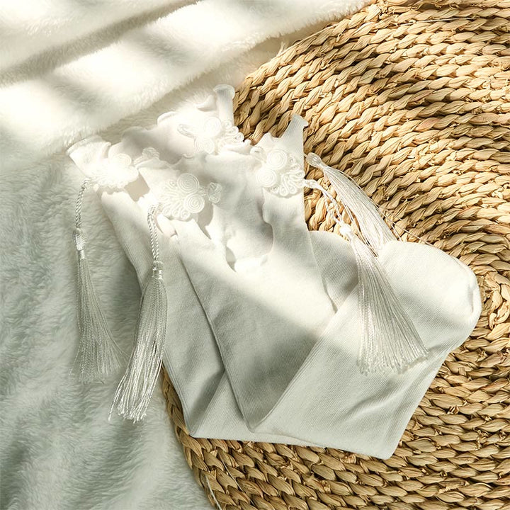 Damskie bawełniane skarpetki Micro Crew z motywem Buddha Stones w czystym kolorze z chińskimi guzikami w kształcie żaby i frędzlami - Dwie pary białe - Jeden rozmiar pasuje do większości (US4, EU34–39, UK/AU2,5–6, Asia22–24,5 cm) - image 6