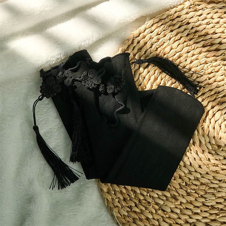 Damskie bawełniane skarpetki Micro Crew z motywem Buddha Stones w czystym kolorze z chińskimi guzikami w kształcie żaby i frędzlami - image 1