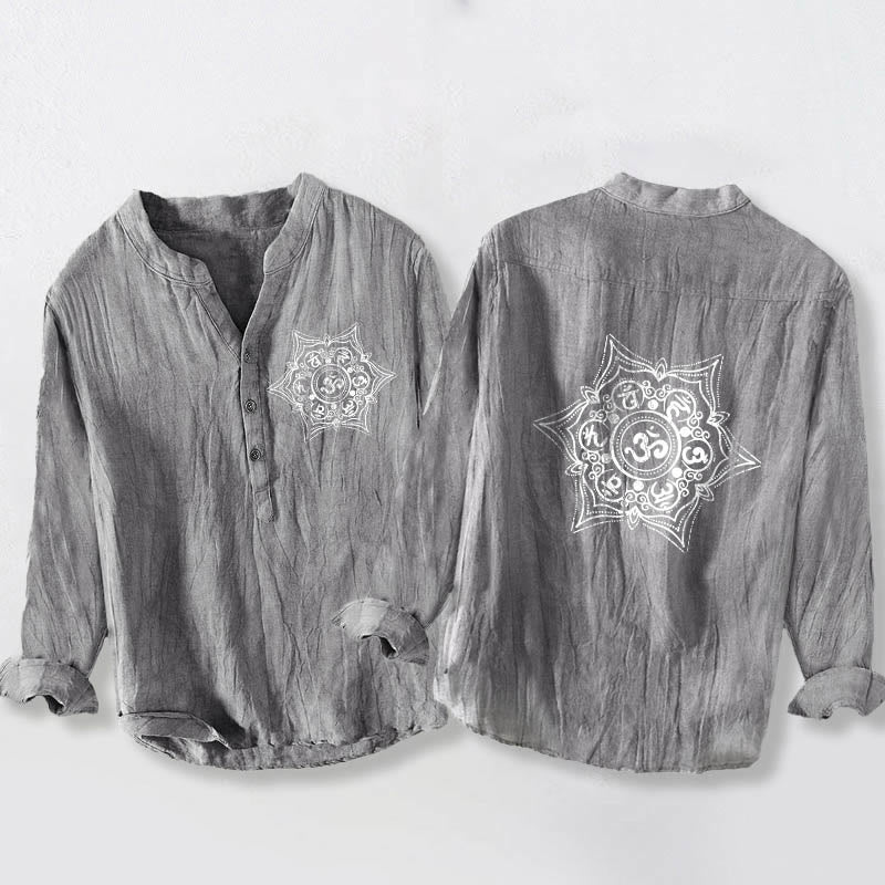 Koszula męska z długim rękawem z bawełny i lnu, z motywem kamieni Buddha Stones Om Mani Padme Hum i mandali, zapinana na pół guziki - Szary - US/UK/AU50, EU60 (5XL) - image 6