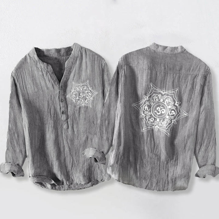 Koszula męska z długim rękawem z bawełny i lnu, z motywem kamieni Buddha Stones Om Mani Padme Hum i mandali, zapinana na pół guziki - Szary - US/UK/AU50, EU60 (5XL) - image 6