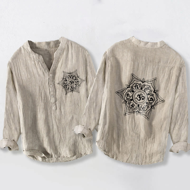 Koszula męska z długim rękawem z bawełny i lnu, z motywem kamieni Buddha Stones Om Mani Padme Hum i mandali, zapinana na pół guziki - Bielizna - US/UK/AU50, EU60 (5XL) - image 3