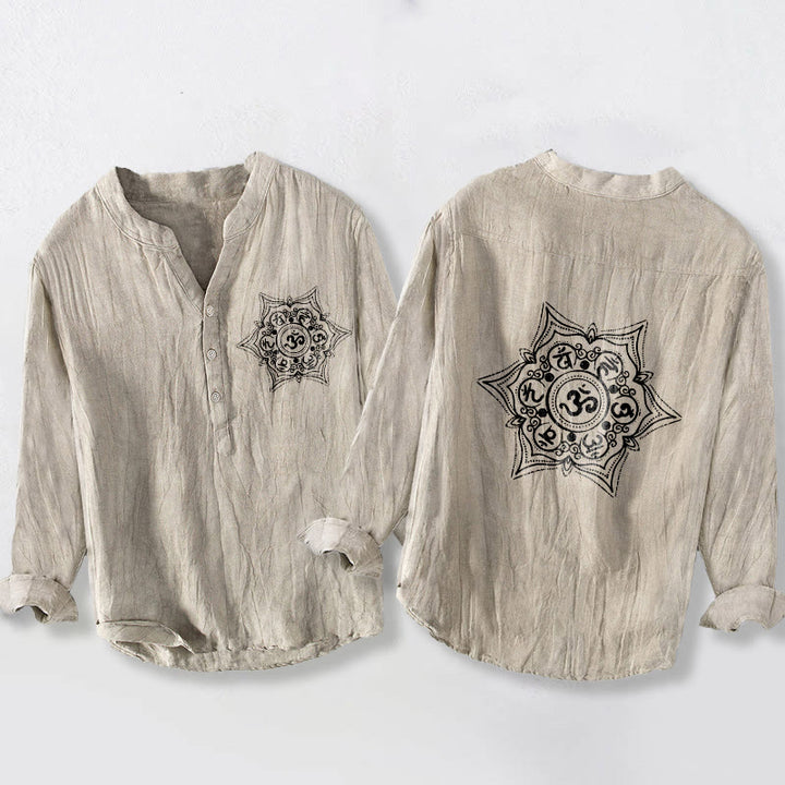 Koszula męska z długim rękawem z bawełny i lnu, z motywem kamieni Buddha Stones Om Mani Padme Hum i mandali, zapinana na pół guziki - Bielizna - US/UK/AU50, EU60 (5XL) - image 3