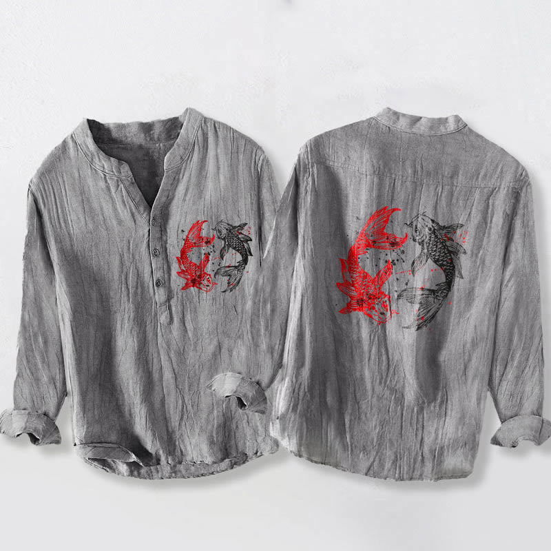 Koszula męska z długim rękawem z bawełny i lnu, z motywem ryb Koi i kamieniami Buddha Stones, zapinana na pół guziki - Szary - US/UK/AU50, EU60 (5XL) - image 0