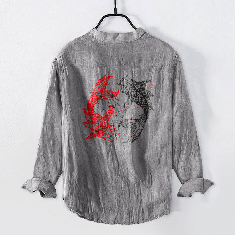 Koszula męska z długim rękawem z bawełny i lnu, z motywem ryb Koi i kamieniami Buddha Stones, zapinana na pół guziki - image 2