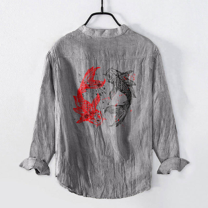 Koszula męska z długim rękawem z bawełny i lnu, z motywem ryb Koi i kamieniami Buddha Stones, zapinana na pół guziki - image 2