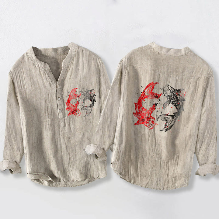 Koszula męska z długim rękawem z bawełny i lnu, z motywem ryb Koi i kamieniami Buddha Stones, zapinana na pół guziki - Bielizna - US/UK/AU50, EU60 (5XL) - image 6