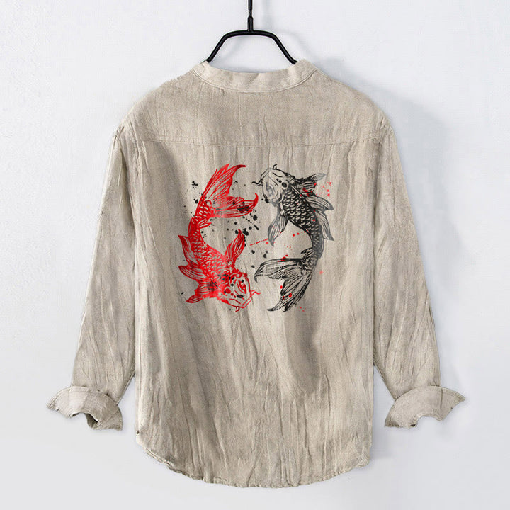 Koszula męska z długim rękawem z bawełny i lnu, z motywem ryb Koi i kamieniami Buddha Stones, zapinana na pół guziki - image 8