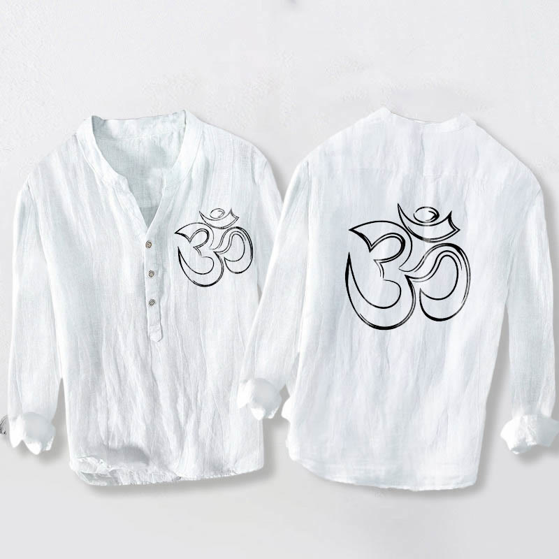 Koszula męska z długim rękawem z bawełny i lnu z kamieniami Buddha Stones, prostym wzorem symbolu Om, zapinana na pół guziki - Biały - US/UK/AU50, EU60 (5XL) - image 6