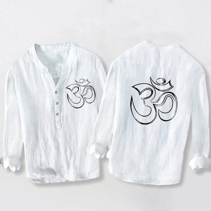 Koszula męska z długim rękawem z bawełny i lnu z kamieniami Buddha Stones, prostym wzorem symbolu Om, zapinana na pół guziki - Biały - US/UK/AU50, EU60 (5XL) - image 6
