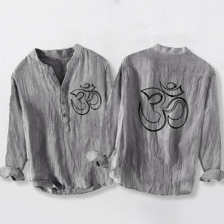 Koszula męska z długim rękawem z bawełny i lnu z kamieniami Buddha Stones, prostym wzorem symbolu Om, zapinana na pół guziki - Szary - US/UK/AU50, EU60 (5XL) - image 0