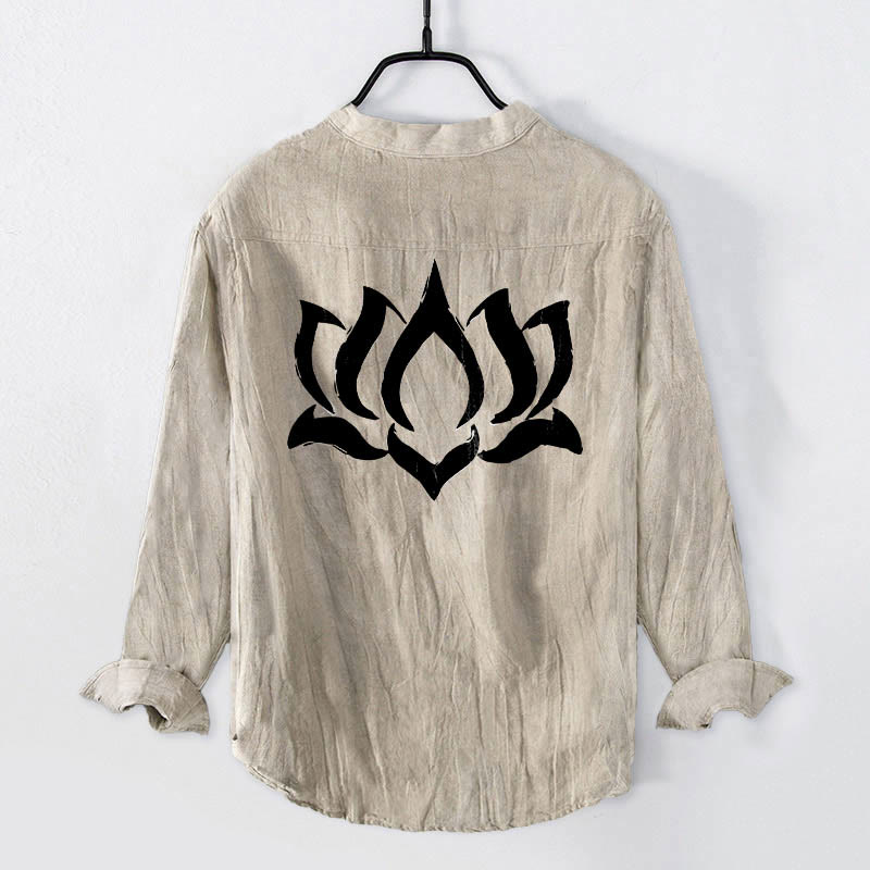 Koszula męska z długim rękawem z bawełny i lnu z motywem symbolu Om i Buddha Stones, zapinana na pół guziki - image 5