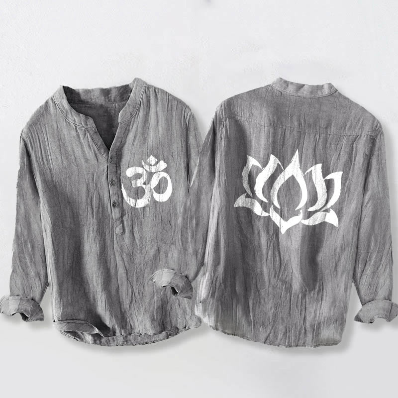 Koszula męska z długim rękawem z bawełny i lnu z motywem symbolu Om i Buddha Stones, zapinana na pół guziki - Szary - US/UK/AU50, EU60 (5XL) - image 0