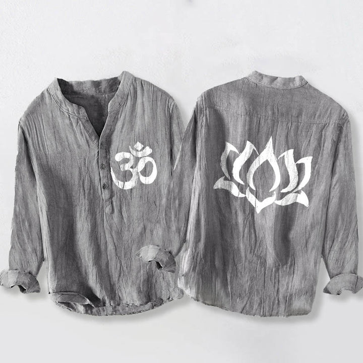 Koszula męska z długim rękawem z bawełny i lnu z motywem symbolu Om i Buddha Stones, zapinana na pół guziki - Szary - US/UK/AU50, EU60 (5XL) - image 0