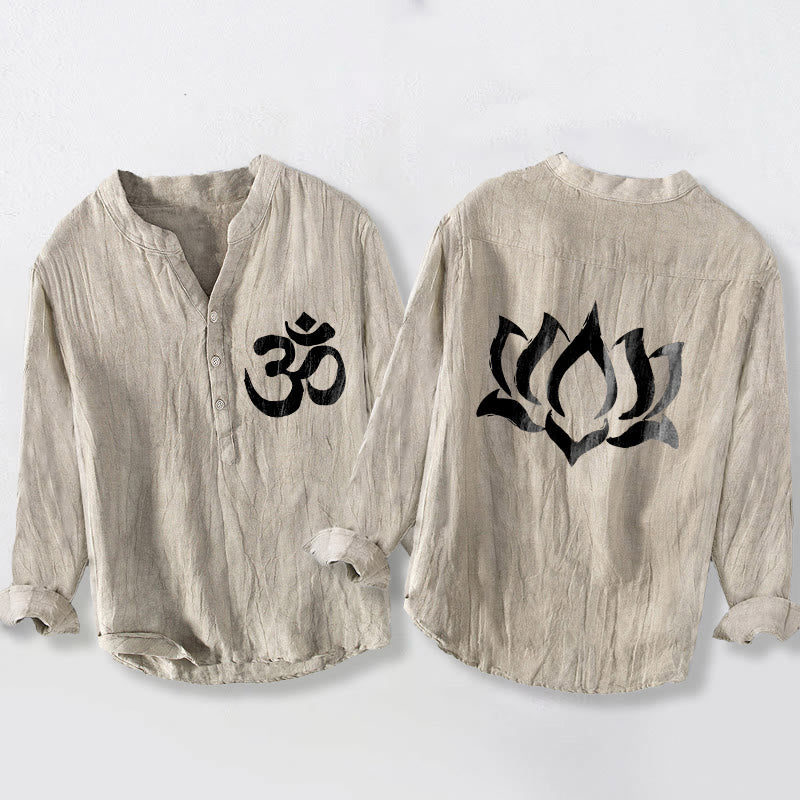 Koszula męska z długim rękawem z bawełny i lnu z motywem symbolu Om i Buddha Stones, zapinana na pół guziki - Bielizna - US/UK/AU50, EU60 (5XL) - image 3