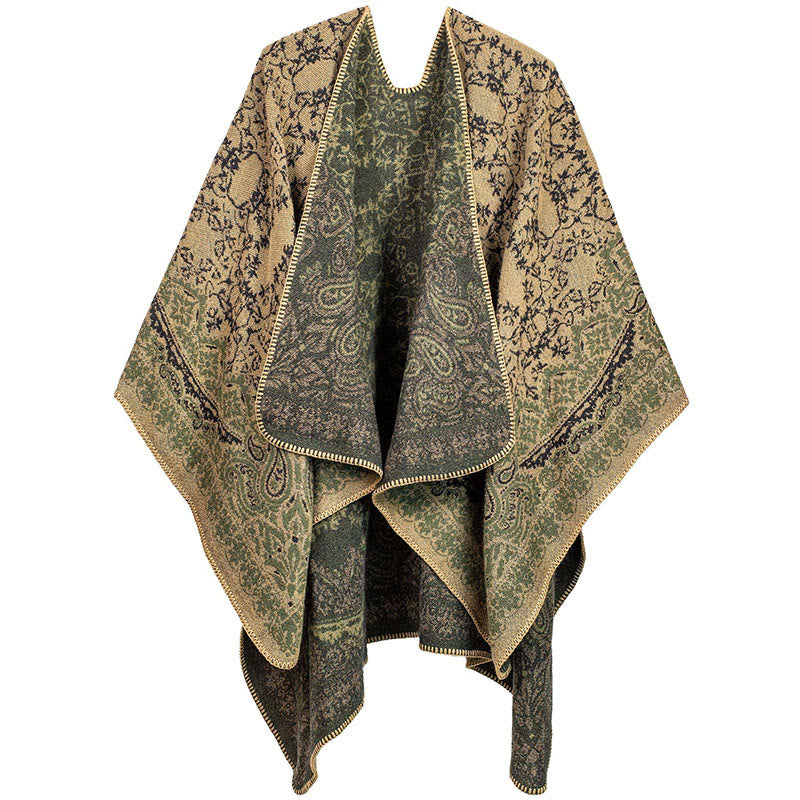 Buddha Stones Tybetańskie Kontrastowe Kolory Wzór Paisley Kwiatowy Przytulny Szalik Unisex - Khaki - image 1
