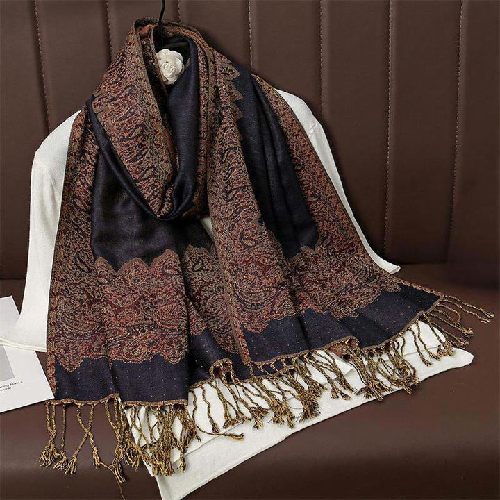 Zimowy, etniczny, tybetański, żakardowy szal z frędzlami i nadrukiem paisley w Buddha Stones - MidnightBlue - 70*190 cm - image 2