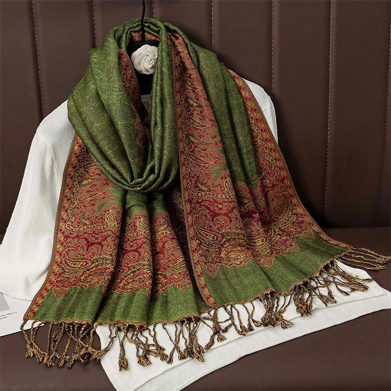 Zimowy, etniczny, tybetański, żakardowy szal z frędzlami i nadrukiem paisley w Buddha Stones - Oliwkowy - 70*190 cm - image 10