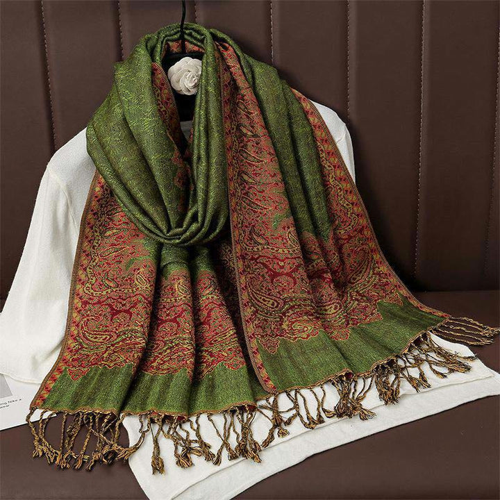 Zimowy, etniczny, tybetański, żakardowy szal z frędzlami i nadrukiem paisley w Buddha Stones - Oliwkowy - 70*190 cm - image 10
