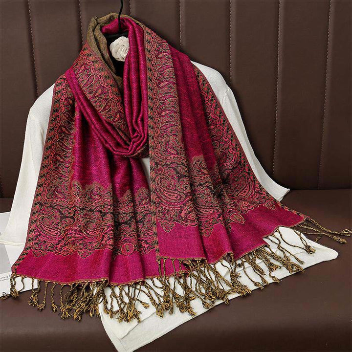 Zimowy, etniczny, tybetański, żakardowy szal z frędzlami i nadrukiem paisley w Buddha Stones - Średniofioletowoczerwony - 70*190 cm - image 3