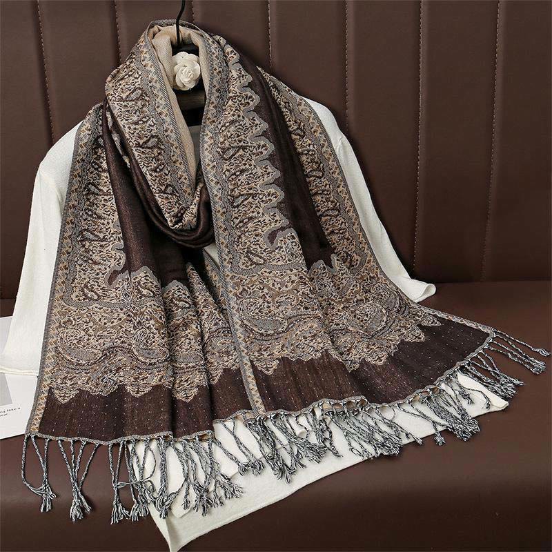 Zimowy, etniczny, tybetański, żakardowy szal z frędzlami i nadrukiem paisley w Buddha Stones - SaddleBrown - 70*190 cm - image 0