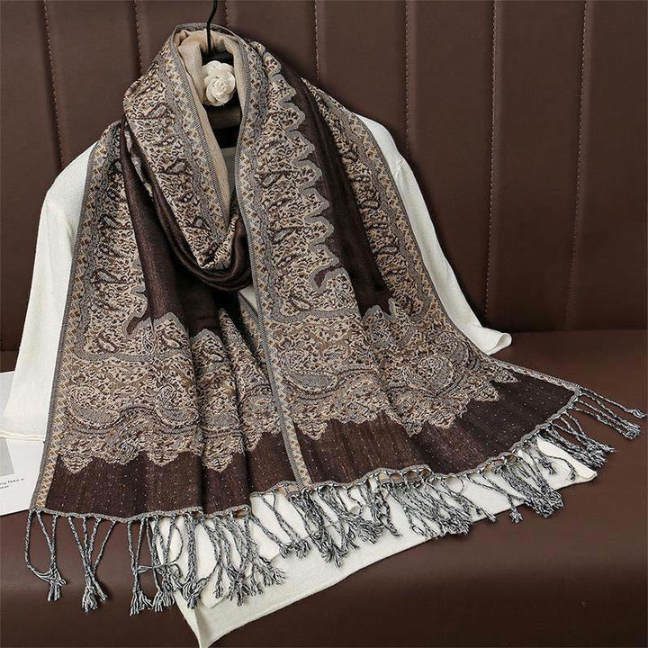 Zimowy, etniczny, tybetański, żakardowy szal z frędzlami i nadrukiem paisley w Buddha Stones - SaddleBrown - 70*190 cm - image 0