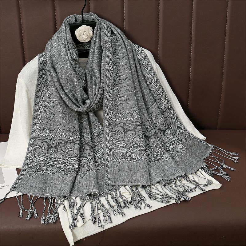 Zimowy, etniczny, tybetański, żakardowy szal z frędzlami i nadrukiem paisley w Buddha Stones - Ciemnoszary - 70*190 cm - image 13