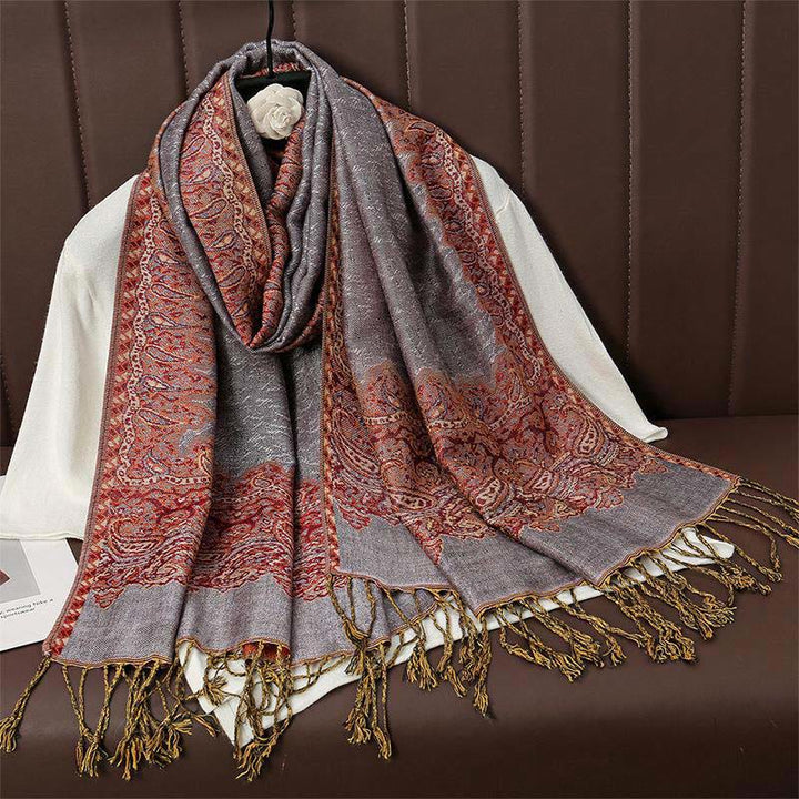 Zimowy, etniczny, tybetański, żakardowy szal z frędzlami i nadrukiem paisley w Buddha Stones - RosyBrown - 70*190 cm - image 11