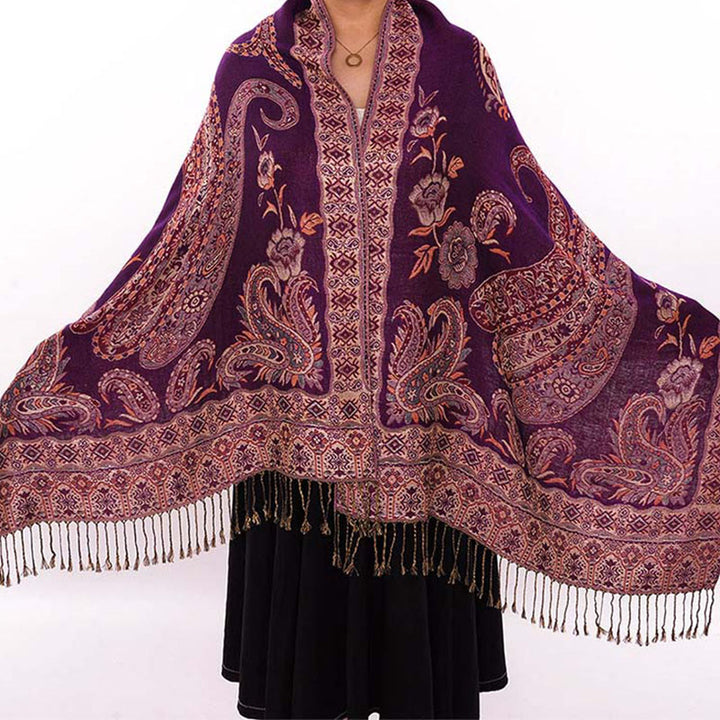 Buddha Stones w stylu boho, tybetański wzór paisley z kwiatowym wzorem i frędzlami, przytulny szalik - Ciemna Magenta - 70*180 cm - image 16