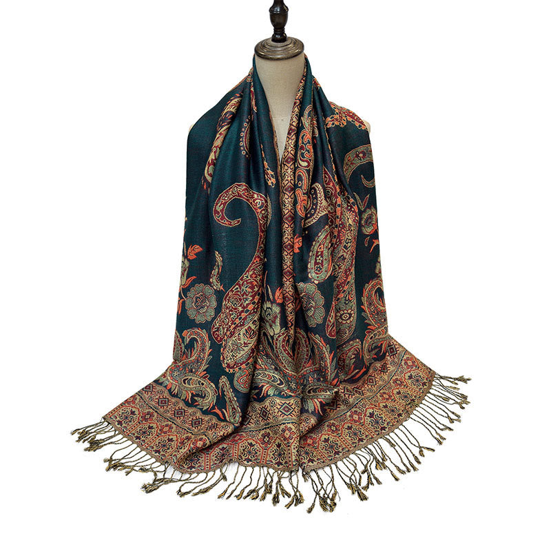 Buddha Stones w stylu boho, tybetański wzór paisley z kwiatowym wzorem i frędzlami, przytulny szalik - image 5