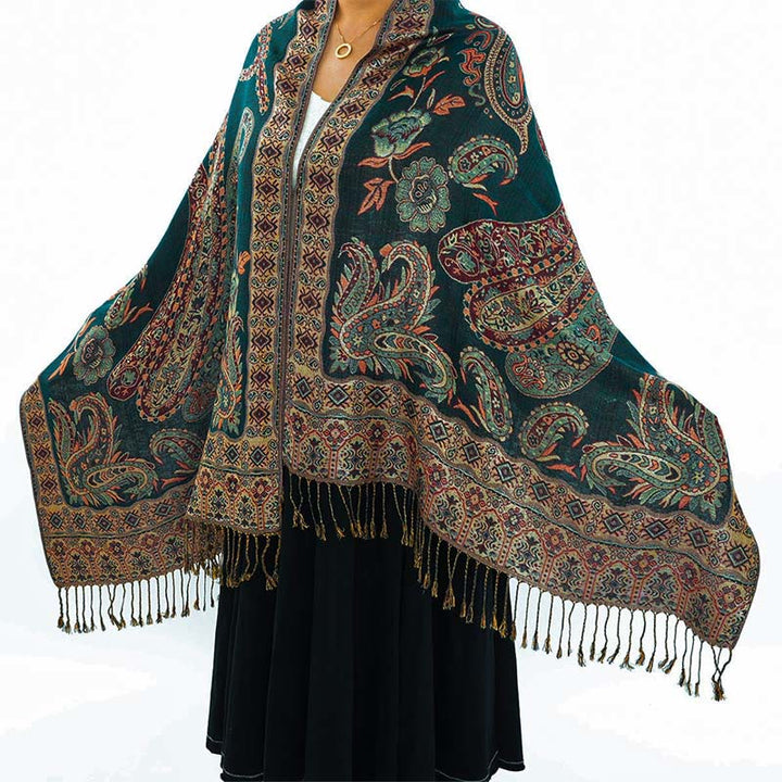 Buddha Stones w stylu boho, tybetański wzór paisley z kwiatowym wzorem i frędzlami, przytulny szalik - Ciemnozielony - 70*180 cm - image 0