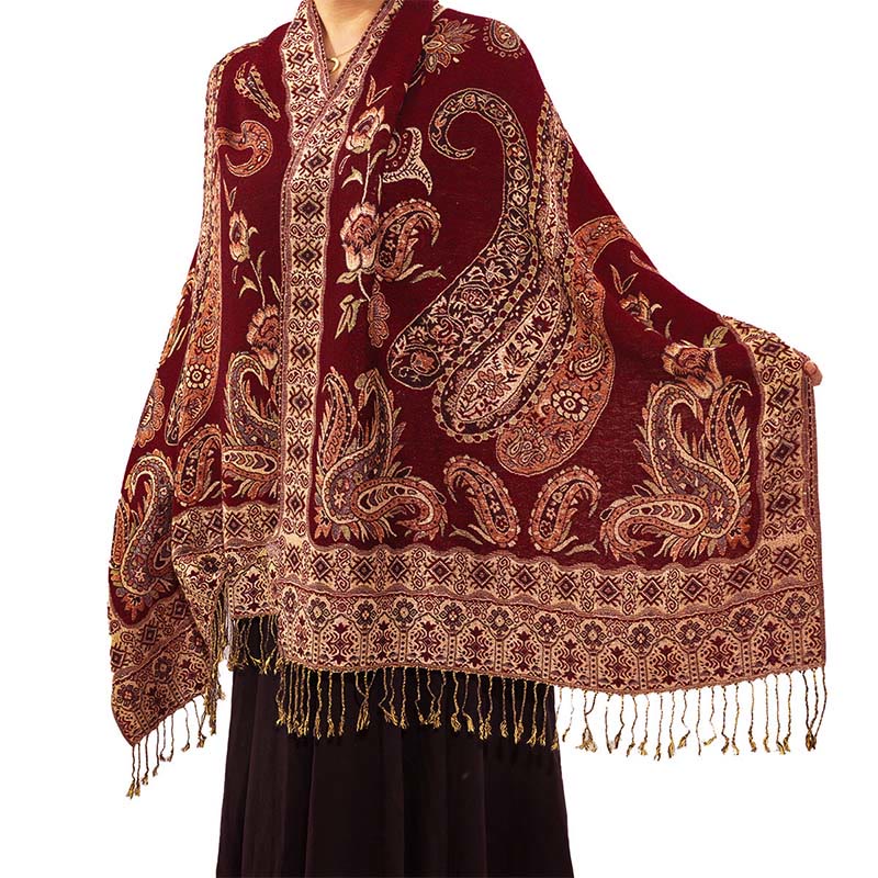 Buddha Stones w stylu boho, tybetański wzór paisley z kwiatowym wzorem i frędzlami, przytulny szalik - Ciemnoczerwony - 70*180 cm - image 8