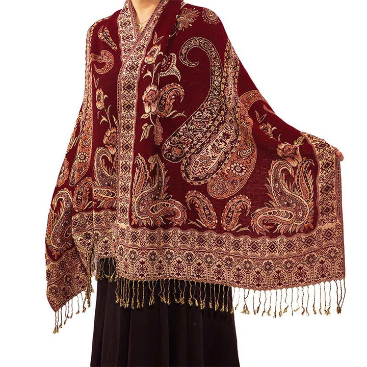 Buddha Stones w stylu boho, tybetański wzór paisley z kwiatowym wzorem i frędzlami, przytulny szalik - Ciemnoczerwony - 70*180 cm - image 8