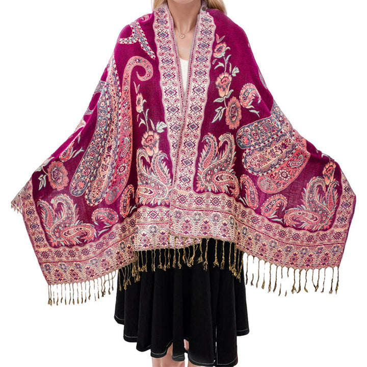 Buddha Stones w stylu boho, tybetański wzór paisley z kwiatowym wzorem i frędzlami, przytulny szalik - Średniofioletowoczerwony - 70*180 cm - image 19