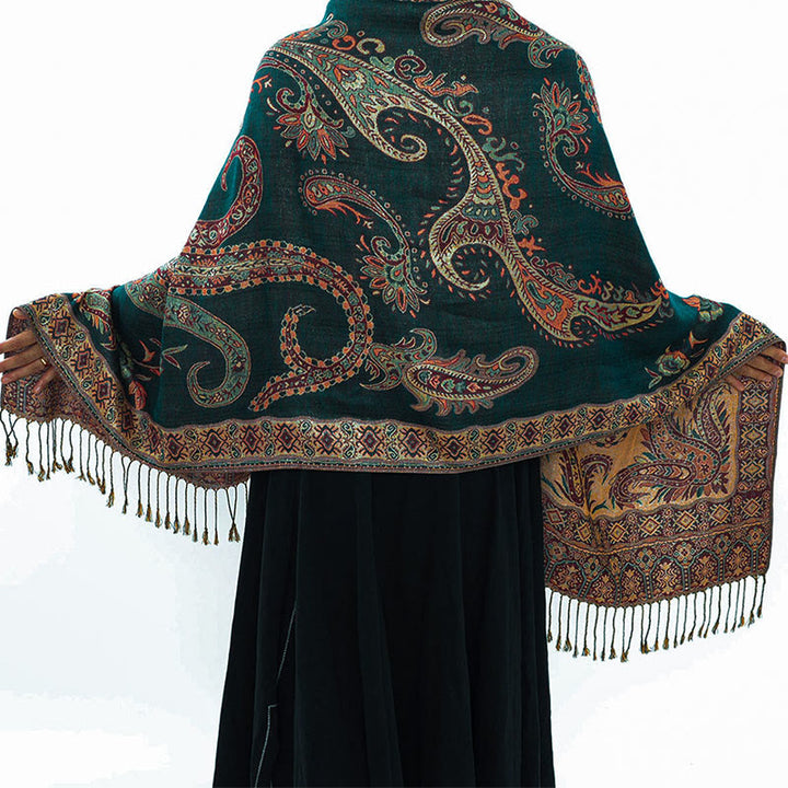 Buddha Stones w stylu boho, tybetański wzór paisley z kwiatowym wzorem i frędzlami, przytulny szalik - image 1