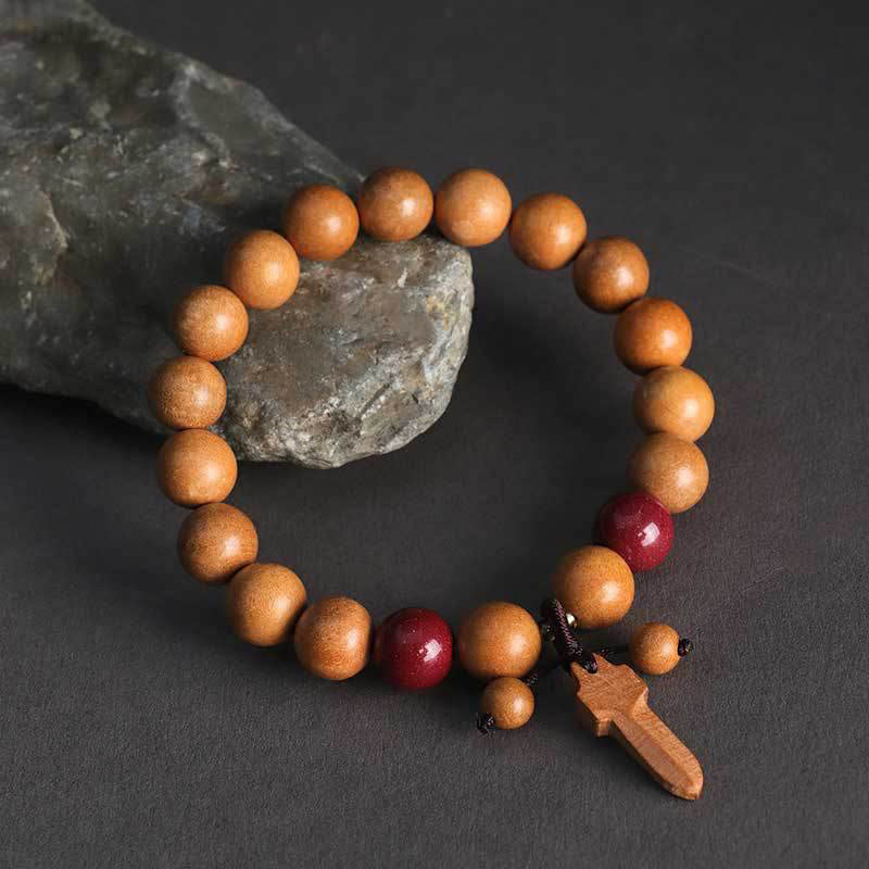 Bransoletka z Buddha Stones i mieczem z drewna brzoskwiniowego i cynobru - Drewno brzoskwiniowe 10 mm (obwód nadgarstka: 15-17 cm) - image 0