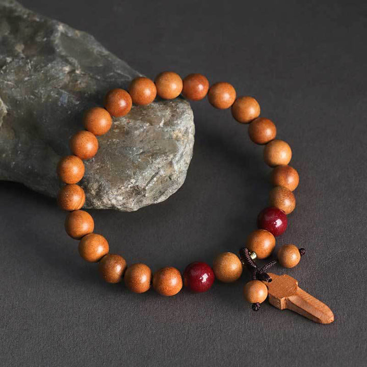 Bransoletka z Buddha Stones i mieczem z drewna brzoskwiniowego i cynobru - Drewno brzoskwiniowe 8 mm (obwód nadgarstka: 14-16 cm) - image 7