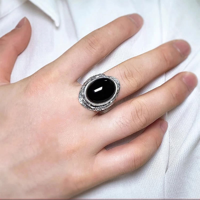 Pierścień z regulowanym symbolem siły i kamieniami Buddha Stones z czarnego obsydianu i rybą Koi - image 10